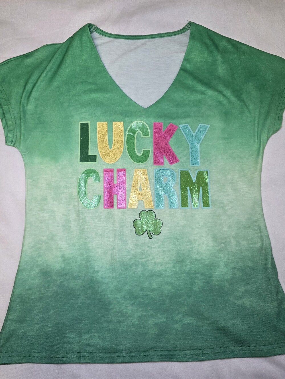 Lucky Charm Green Ombre St. Patrick's Day V-neck shirt Top- Size Med